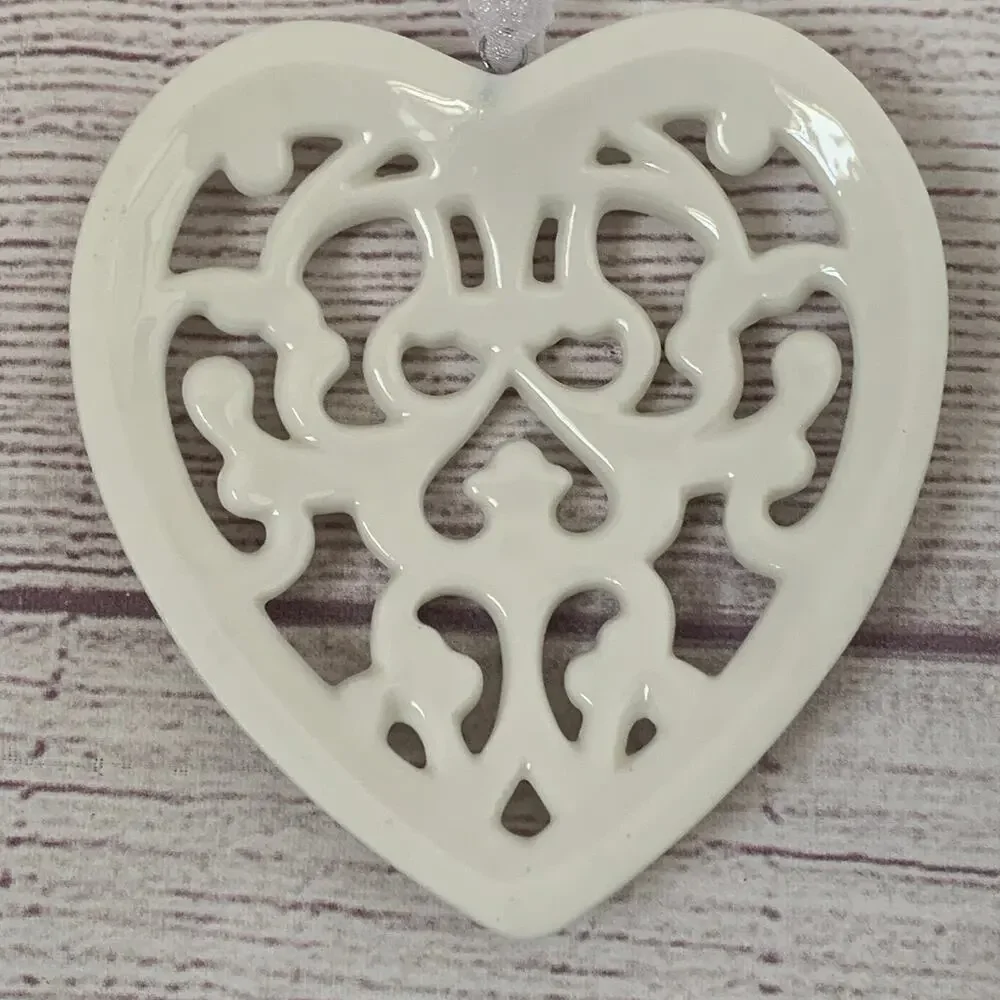 Regent Square Studio Porcelain Filigree Heart Ornament European Crystals Cream